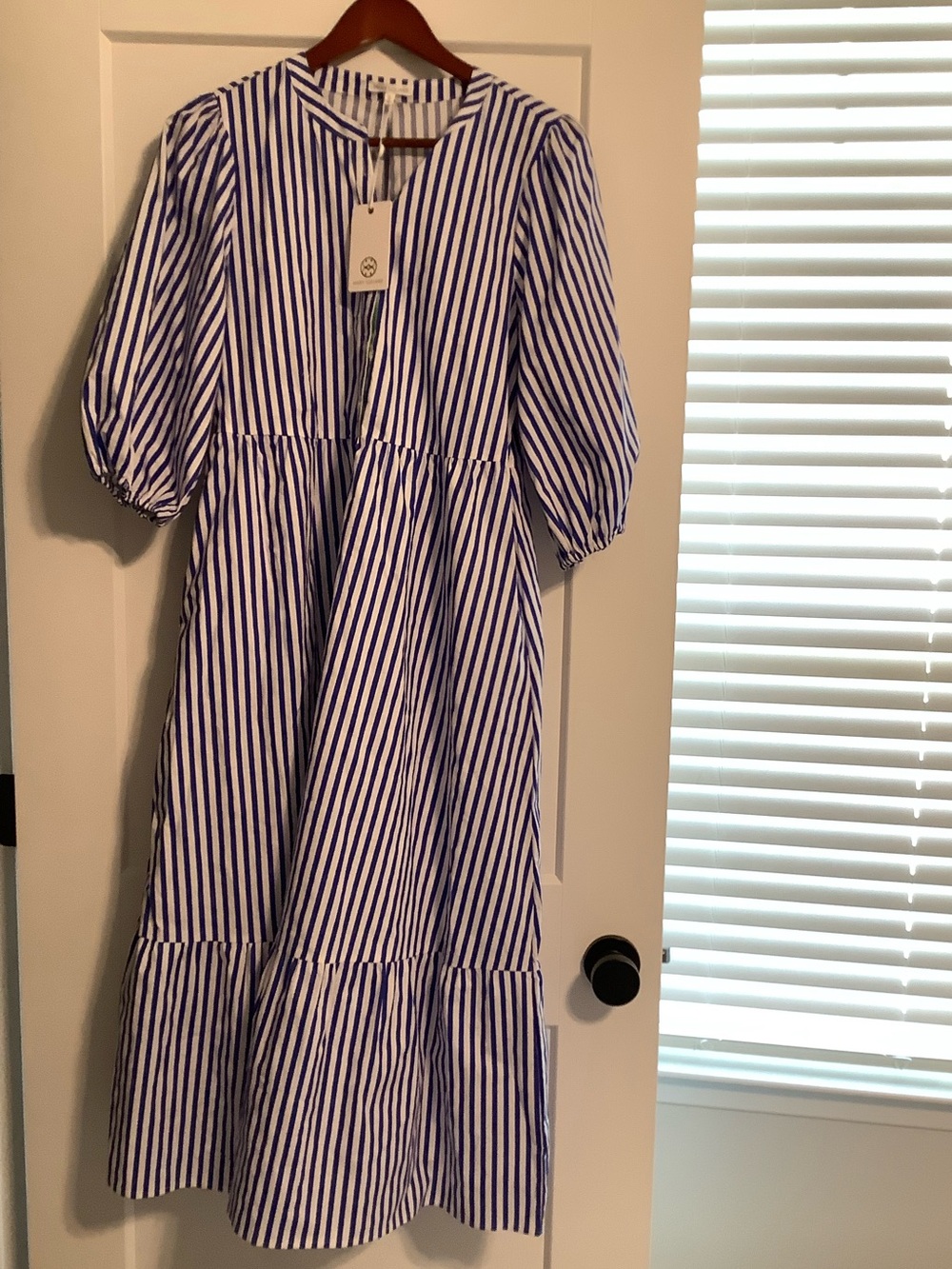 Striped Blue and White Tiered Midi Dress
